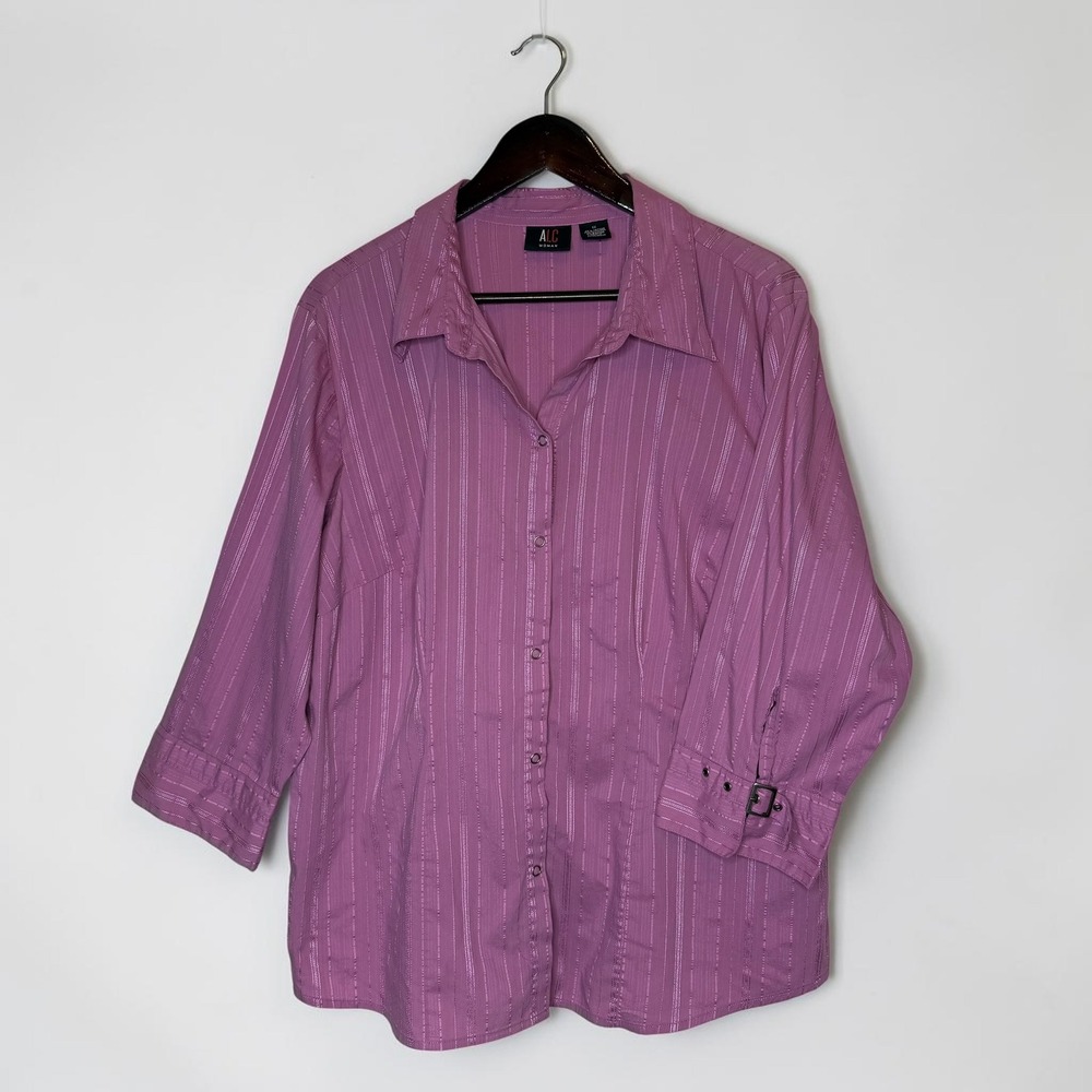 A.L.C. Snap Front Striped Embroidered Top 3/4 Sleeve Shirt Buckle Cuff Mauve‎ 1X